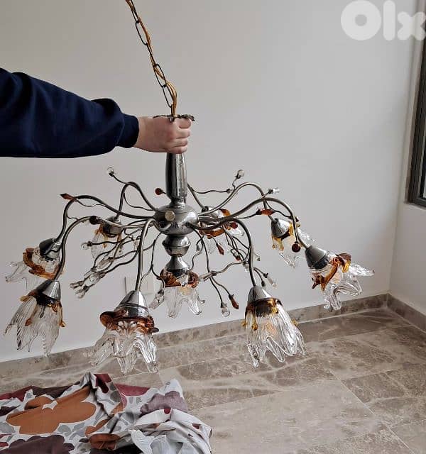 Lustre suspension 8 lumières en verre décoratif – très bon état 1