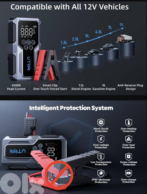 UTRAI Portable Car Jump Starter with Air Compressor, 15000 mAh. 8