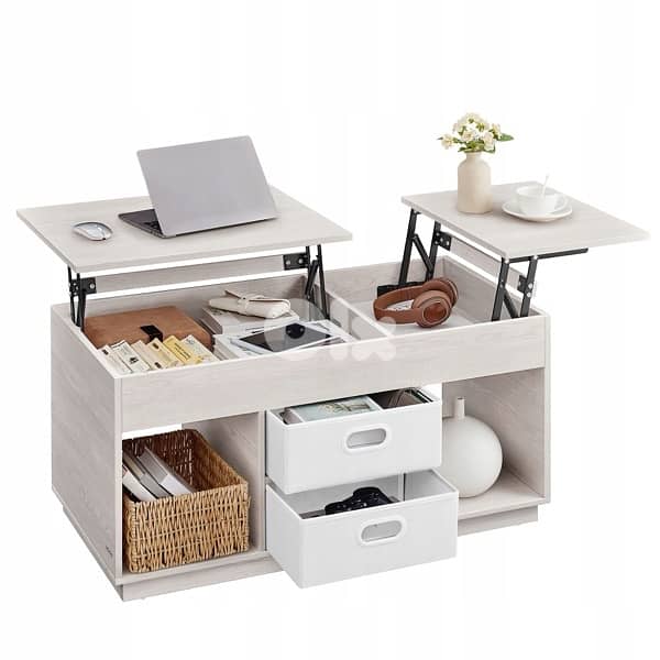 Functional coffee table with extendable top in two directions, beige 0