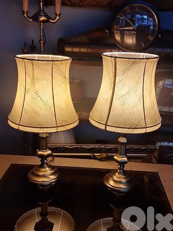 pair of leather and brass english lamps 0