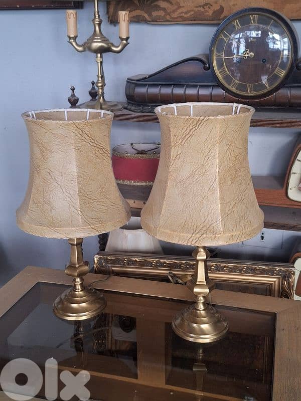 pair of leather and brass english lamps 2