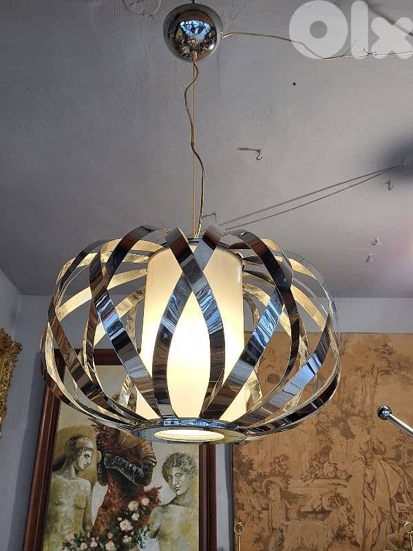 vintage midcentury chrome and opaline chandelier 0