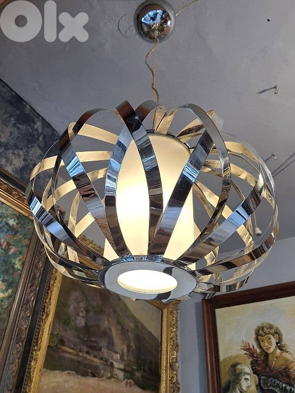 vintage midcentury chrome and opaline chandelier 1