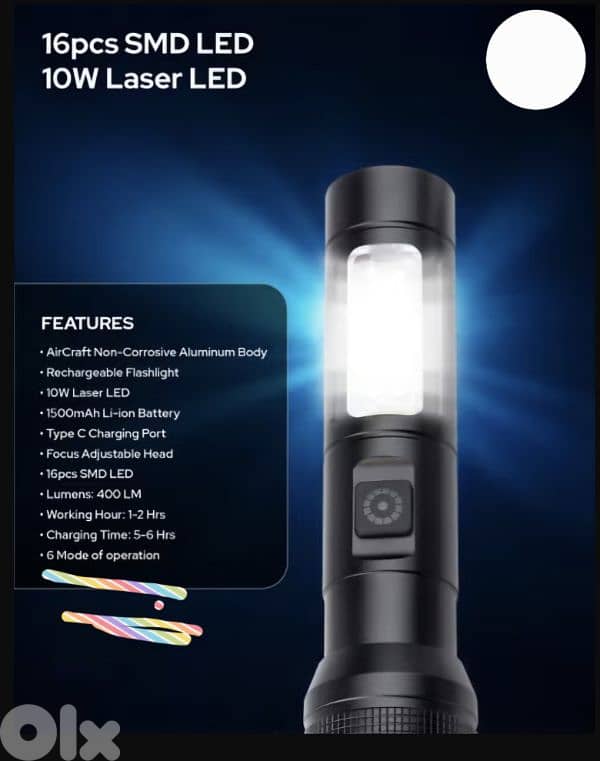 Rechargeable aluminum LED Flashlight, 10W Laser LED Torch 8