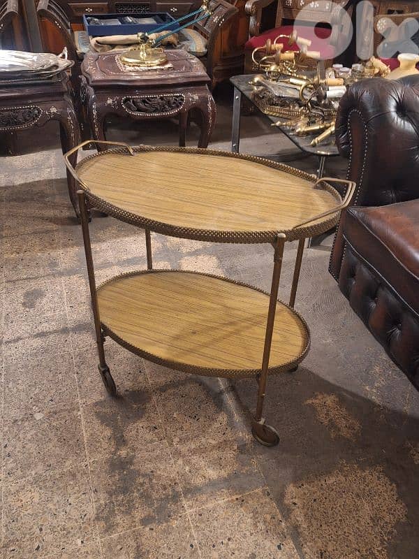 antique wood and brass removable trays trolley 0