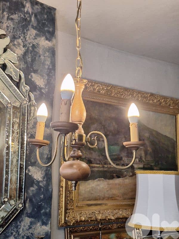 antique flemish 3 lamps wood and brass chandelier 0
