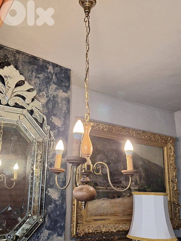antique flemish 3 lamps wood and brass chandelier 1