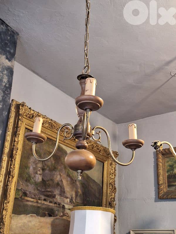 antique flemish 3 lamps wood and brass chandelier 2