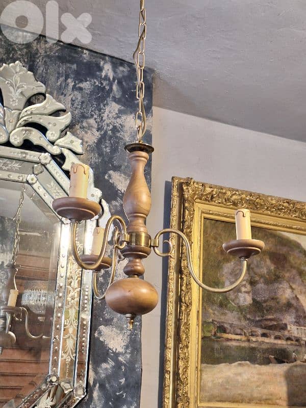 antique flemish 3 lamps wood and brass chandelier 3