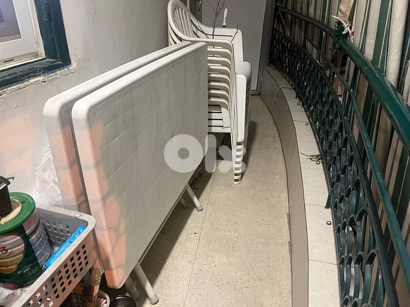 2 Plastic tables with iron base + 8 white plastic chairs 0