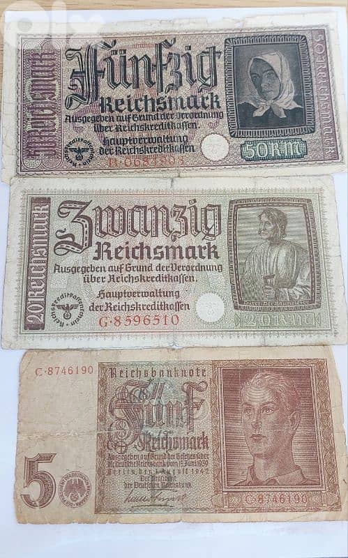 Set of Three Nazi German Banknotes Era of World War Two 0