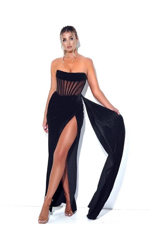 Black Draping Corset High Slit Velvet Gown 0
