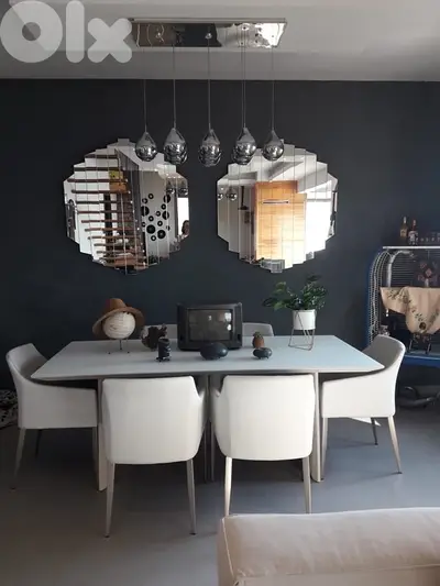 Modern Dining Set – Table, 6 Chairs, Mirrors & Chandelier Included Modern Dining Set – Table, 6 Chairs, Mirrors & Chandelier Included