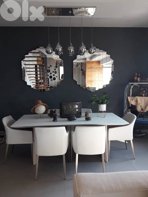 Modern Dining Set – Table, 6 Chairs, Mirrors & Chandelier Included 0