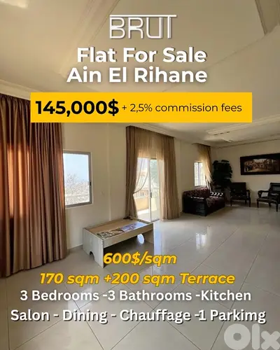 170 sqm +200 sqm Terrace apartment for sale in Ain El Rihani -600$/sqm