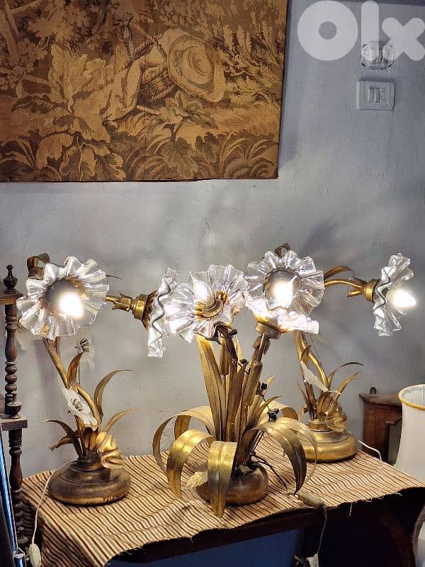 set of 3 antique murano flower shaped italian lamps 0