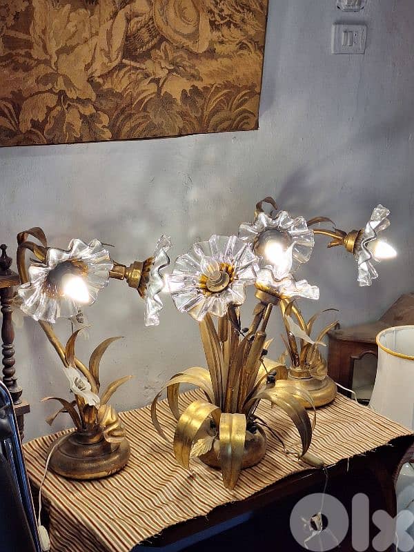 set of 3 antique murano flower shaped italian lamps 1