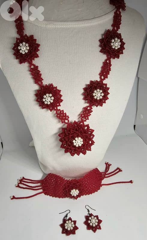 30$ 90s Vintage red chunky marble-style necklace & bracelet & earrings 0