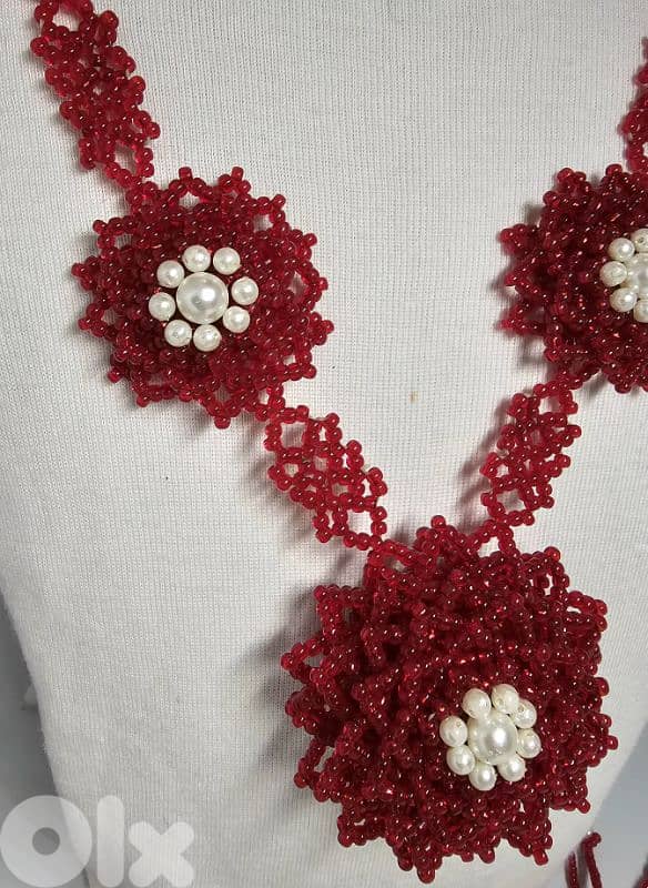 30$ 90s Vintage red chunky marble-style necklace & bracelet & earrings 2