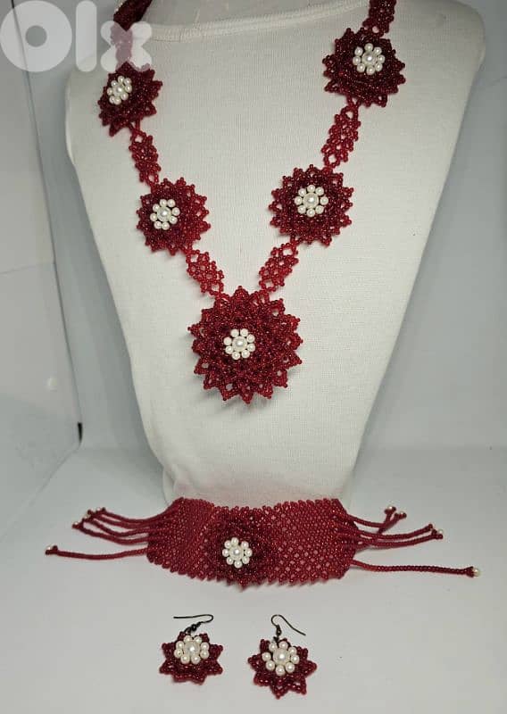 30$ 90s Vintage red chunky marble-style necklace & bracelet & earrings 4