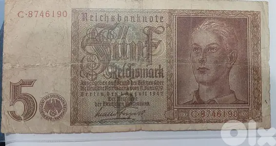 German Nazi Banknote Five marks year 1942 era World War 2 Adolf Hitler