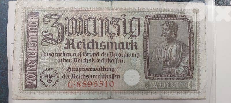 German Nazi Banknote 20 Marks era of World War2 Adolf Hitler 0