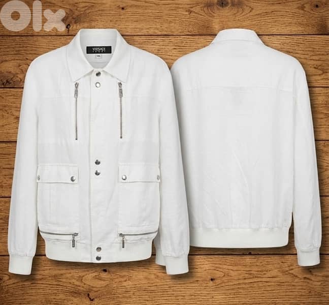 Vintage Versace Sport White Linen Bomber Jacket - L/XL - Made in Italy 0