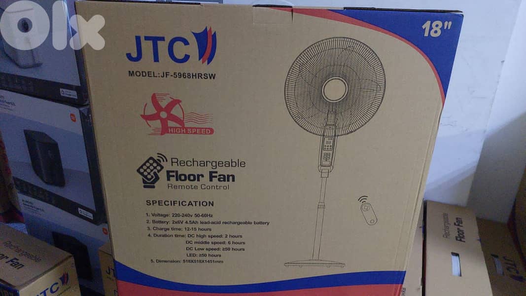 Jtc rechargeable foor  fan 18 inch jf-5968hrsw 0