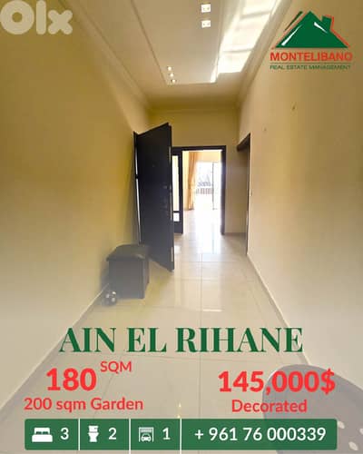 180 sqm Apartment For Sale in Ain El Rihane with 200 sqm Garden