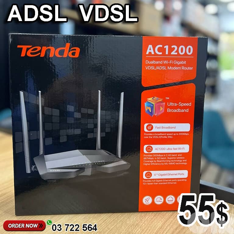 ADSL VDSL TENDA AC1200 5GHz Fast Modem Router 0