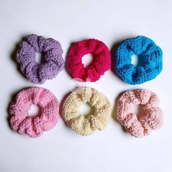 Handmade crochet chunky hair scrunchies made with soft cotton yarn 0