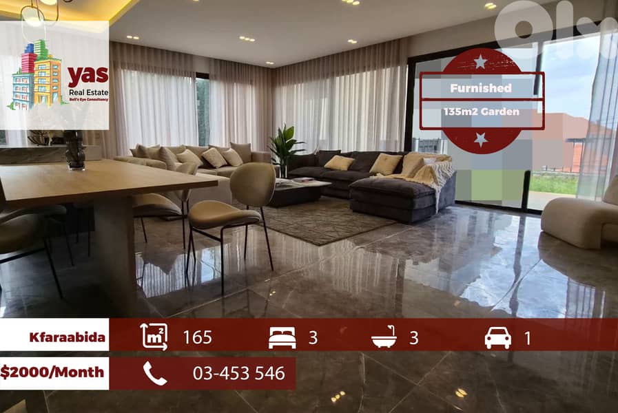 Kfaraabida 165m2 | 135m2 Garden | Rent | Furnished | Open View | MCH 0