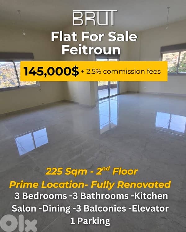 225 sqm Apartment for sale in feitroun -644$/sqm 0