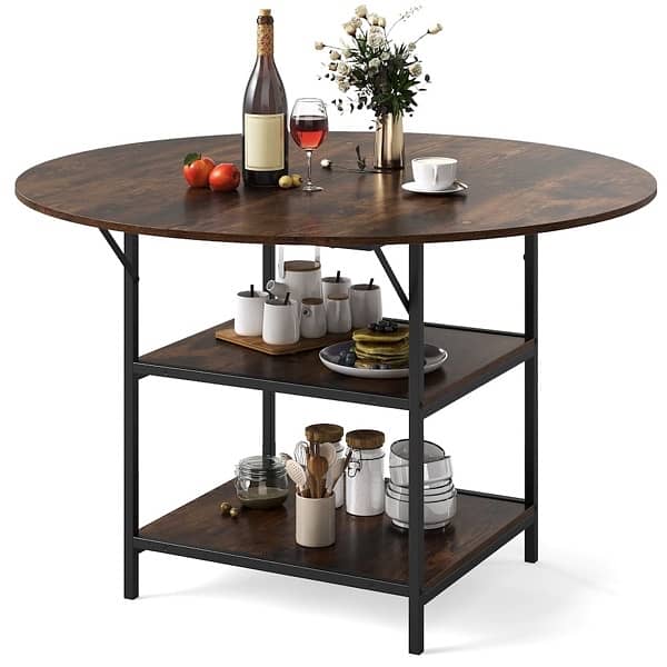 COSTWAY 120 CM Round Dining Table with 2-Tier Storage Shelf 0