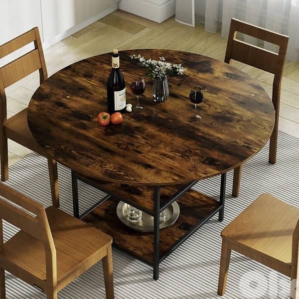COSTWAY 120 CM Round Dining Table with 2-Tier Storage Shelf 4
