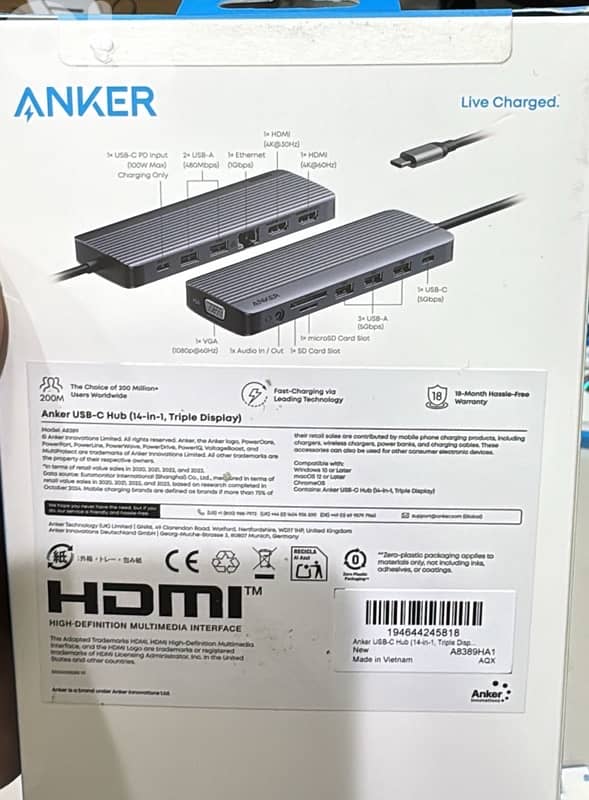 Anker Usb-c Hub 14 in 1 triple display A8389HA1 0