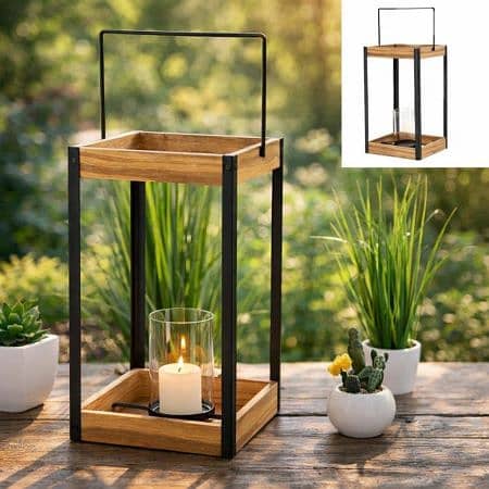 Cepewa Large Metal & Wooden Lantern with Glass Candleholder 23 x 55 x 0