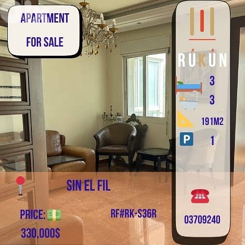 Apartment for sale in Sin El fil 3 Bedrooms 191m2 $330,000 0