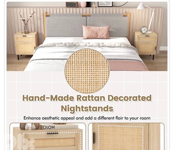 Costway Single Door Single Drawer Natural Rattan Nightstand Set of 2 3