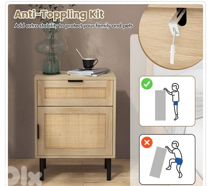 Costway Single Door Single Drawer Natural Rattan Nightstand Set of 2 7