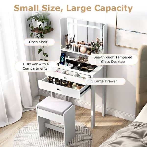vanity dresser with Led light and built in power strip 5