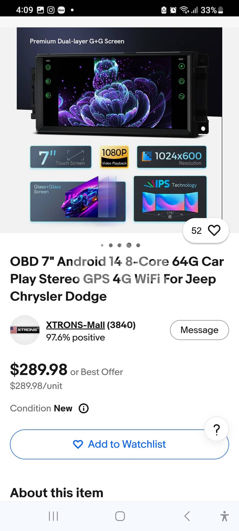 Android 14 Car Stereo 7” CarPlay GPS 4G WiFi – Jeep Wrangler / Dodge / 1