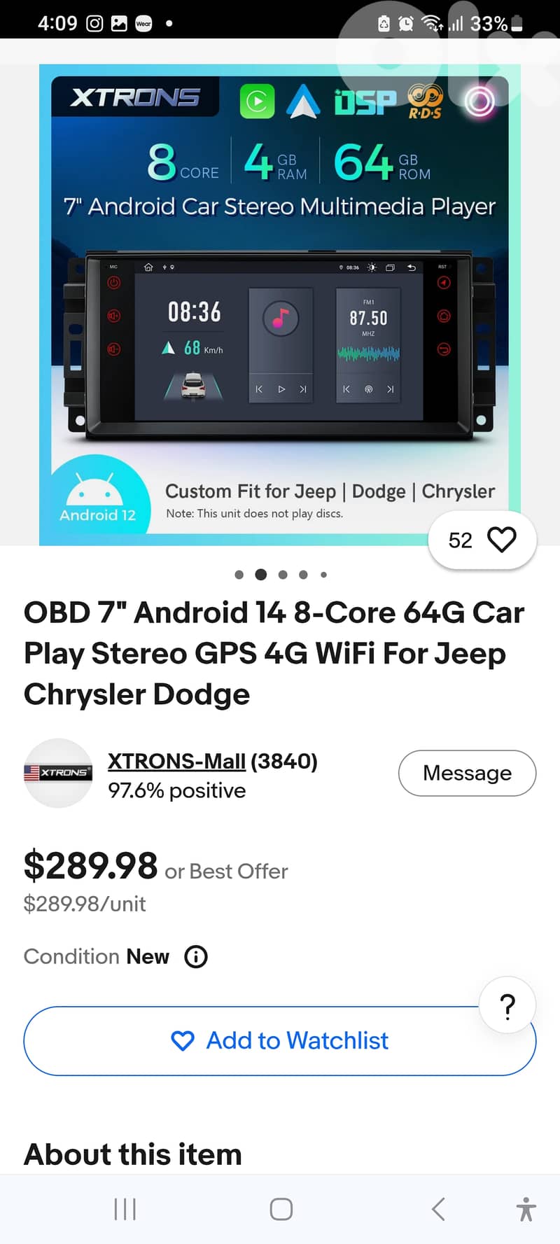 Android 14 Car Stereo 7” CarPlay GPS 4G WiFi – Jeep Wrangler / Dodge / 2