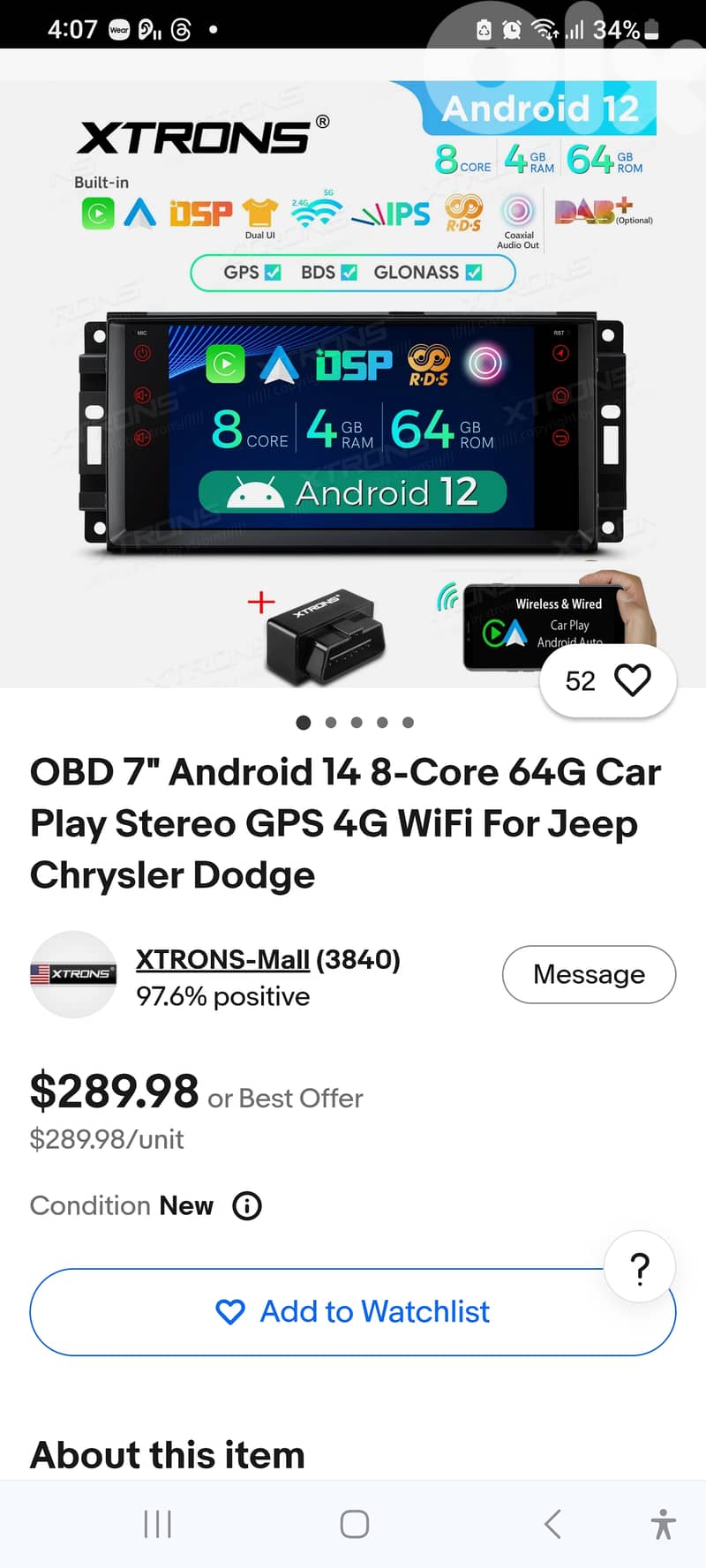 Android 14 Car Stereo 7” CarPlay GPS 4G WiFi – Jeep Wrangler / Dodge / 3