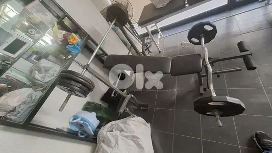 bench plus ajustable bench ,dumbells,and axes. . .