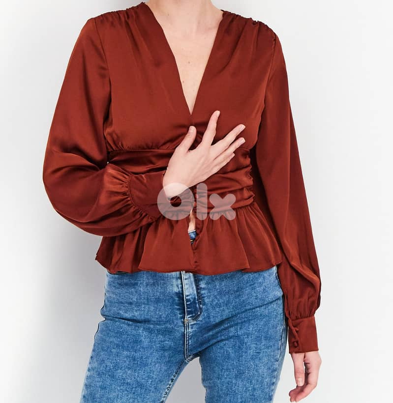 Rust Silky-Look Ruched Blouse 0