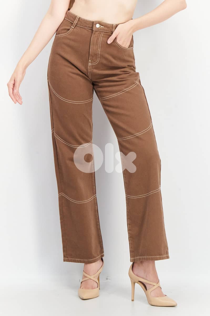 Women Wide Leg Pants Non Stretchable Jeans, Brown 0