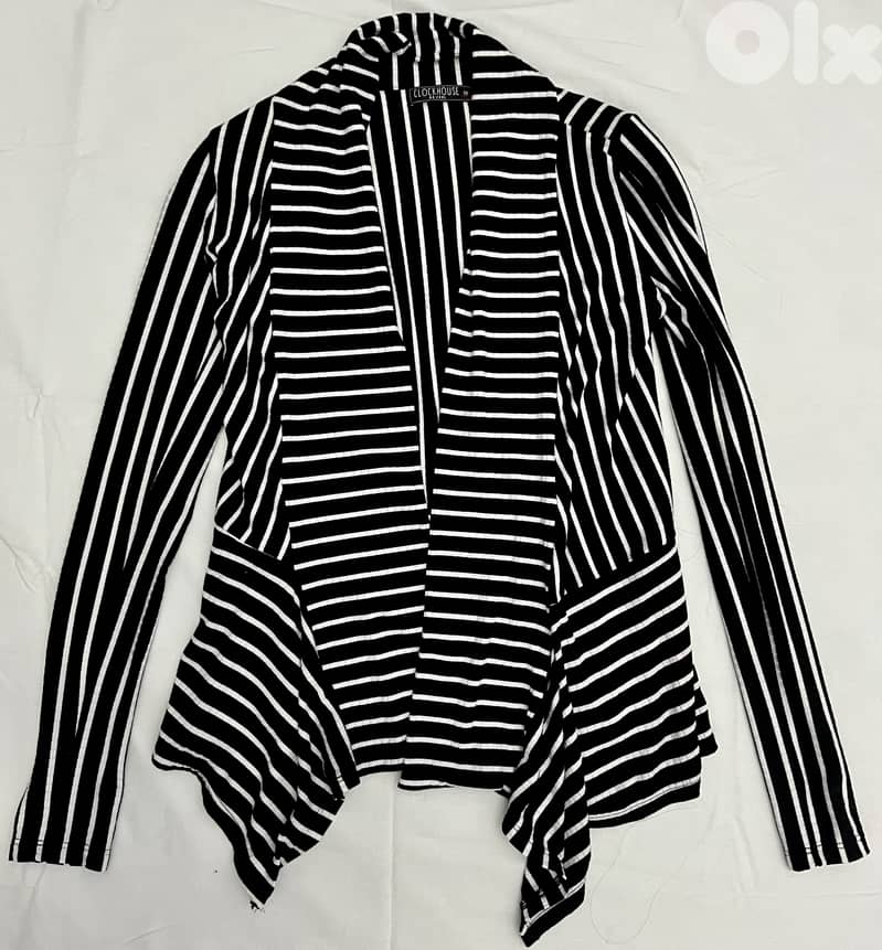 Black and White Striped Open Front Cardigan 0
