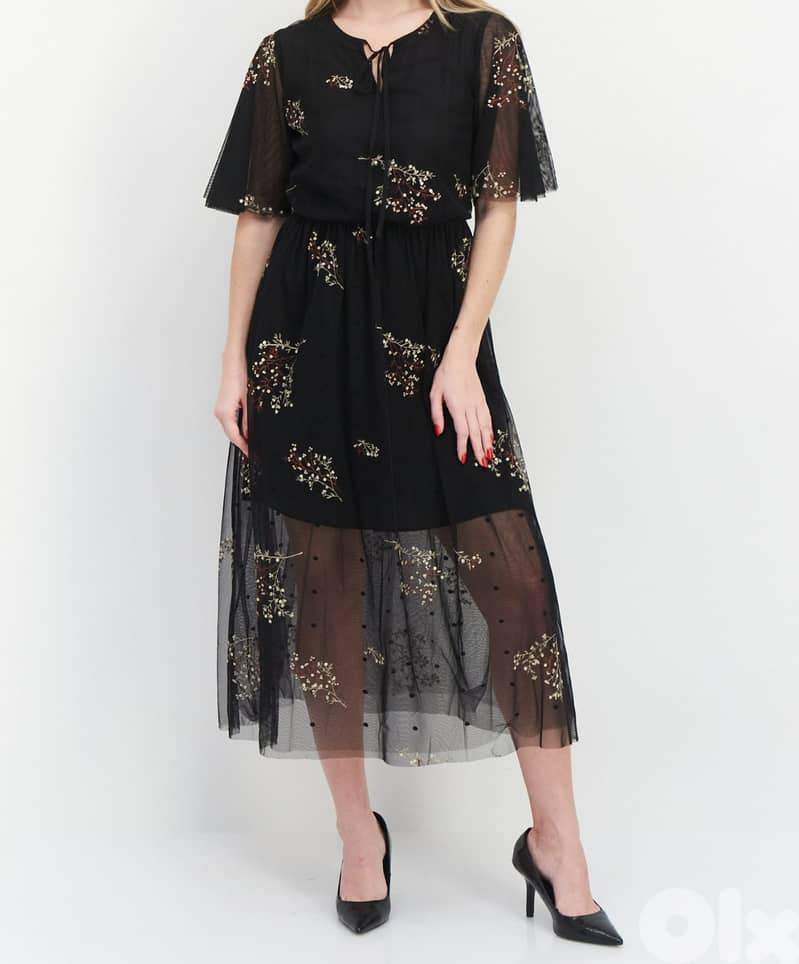 Vero Moda Black Embroidered tulle dress 0