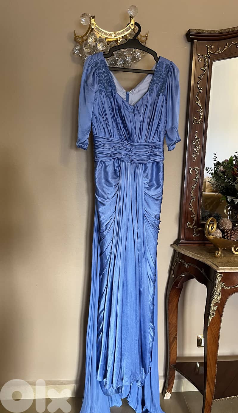Blue Satin Evening Gown 0